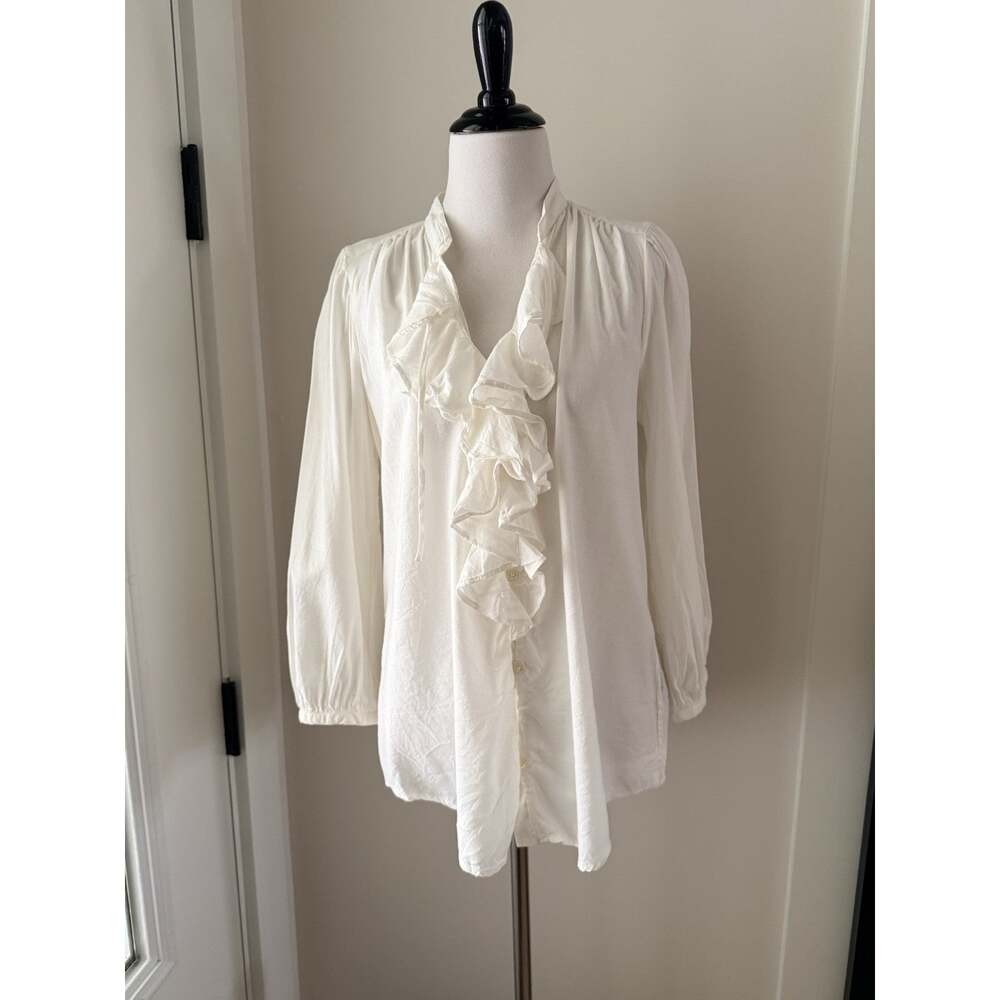 Lauren Ralph Lauren Blouse M Ivory Woven Ruffle Neck 3/4 Sleeve Boho - Picture 2 of 10